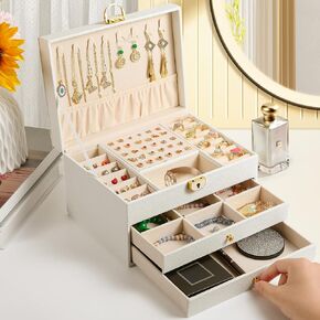 coobest Jewelry Box with Glass Lid, 3 Layer jewelry Holder Organizer, 2 Drawer Jewelry Storage, Big and Small Earring Ring Necklace Jewelry Tray for Girls, Christmas Gift for Women