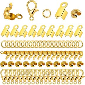 1400 Pcs Gold Lobster Claw Clasps Accessories Set, Clasps for Jewelry Making, Crimp Beads Cover, Knot Cover, Open Jump Ring, Fold Over Cord Ends Caps