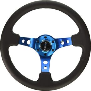 NRG Innovations NRG-RST-006BL Reinforced Steering Wheel - 350mm Sport Steering Wheel (3" Deep) - Blue Spoke w/Round holes/Black Leather