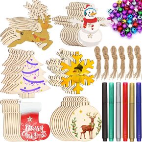 ZALALOVA Unfinished Christmas Wooden Ornaments, 166Pcs MSDS Approved Christmas Tree Ornaments 6 Styles Crafts Kit 33.6 Ft Jute Twine 50 Colorful Bells 6 Color Pens Christmas Crafts for Kids