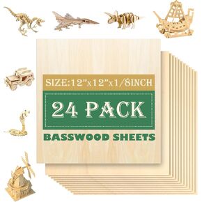 24 Pack 12"x12"Basswood Sheets 1/8",3mm Basswood for Laser Cutting,3mm Plywood Unfinished Wood Craft Wood for DIY Ornaments and Models Drawing Painting Engraving Wood Burning and Laser Cutting