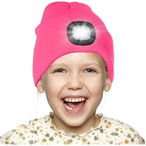 LED Lighted Beanie Cap for Kids, Rechargeable 4 LED Headlamp Hat, Knitted Winter Hat with Torch for Cycling Running Camping Night Walking, Christmas Novelty Gifts for Boys Girls Kids Children