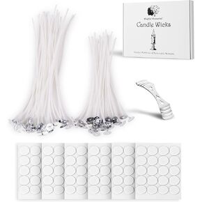 Candle Wicks 60 Pcs (4 inch, 6 inch) with 1 Candle Wick Holders & 60 Wick Tab Stickers, Long Lasting Pre-Waxed & Tabbed Cotton Threads with No Black Smoke for Candle Making