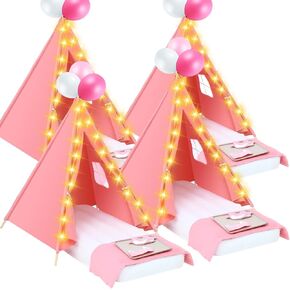 Windyun 4 Pack Kids Teepee Tent Bulk with Light and Inflatable Airbed, Natural Cotton Toddler Play Tent Washable for Girls Boys Indoor Outdoor Slumber Party Birthday Gifts (White)
