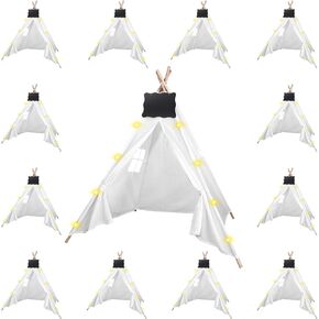 12pcs teepee Tents Set with Markeable Small Blackboards and 10FT String Lights, Foldable Indoor Outdoor Play Teepee Tent for Girls & Boys, for Birthday Party Boho Sleepovers Party (White)