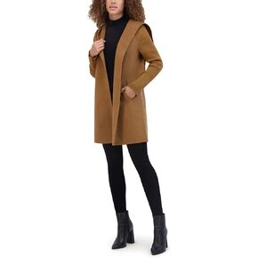 Kenneth Cole Women's Hooded Double Face Wool with Hidden Snap Closure and Rib Knit Sleeve Coat