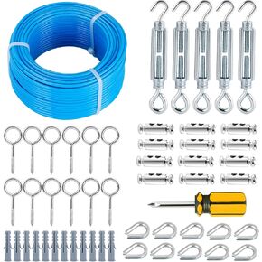 hannger M5 Turnbuckles for Cables Wire - 100ft PVC Coated Steel Cable 1/8" Heavy Duty Metal Cable & Wire Rope for String Light Hanging Kit/Curtain Wire/Clothes Line/Garden Wire/Shade Sails Outdoor Set
