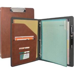 3 Ring Binder Padfolio Clipboard Case with Color File Folders, PU Leather Padfolio Ring Binder with Clipboard (Gray, Standard)