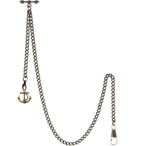 Men's Albert Chain Pocket Watch Curb Link Key Chain 2 Hooks with Antique Anchor Pendant Design Charm Fob T Bar