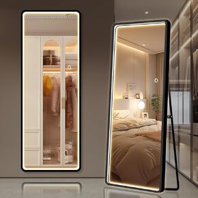 63"x16" Full Length Mirror with LED Lights, Free Standing Floor Mirror, Full Body Dressing Mirror, Wall Mounted Hanging Mirror for Bedroom, Black