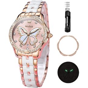 ساعات OLEVS للنساء باللون الذهبي الوردي بلونين موضة الأبيض السيراميك ساعات المعصم للسيدات الوردي/الأحمر الهاتفي الفولاذ المقاوم للصدأ مقاوم للماء التاريخ in Kuwait