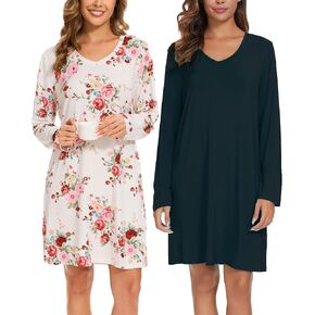 Kabento 2 Pack Long Sleeve Nightgowns for Women Soft Cotton Nightshirts Sleep Dress