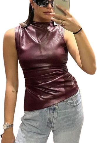 Women's FashionFaux Leather Pleated Sleeveless Asymmetrical Mock Neck Slim Tank Top in Kuwait