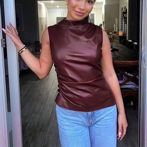 Women's FashionFaux Leather Pleated Sleeveless Asymmetrical Mock Neck Slim Tank Top in Kuwait