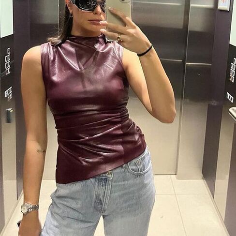 Women's FashionFaux Leather Pleated Sleeveless Asymmetrical Mock Neck Slim Tank Top in Kuwait