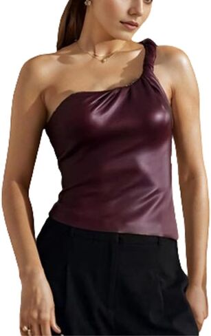 Women's FashionFaux Leather Pleated Sleeveless Asymmetrical Mock Neck Slim Tank Top in Kuwait