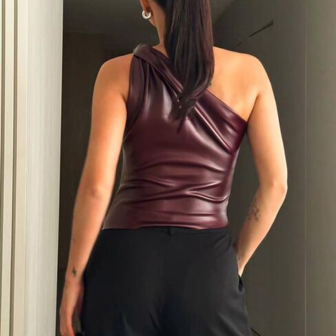 Women's FashionFaux Leather Pleated Sleeveless Asymmetrical Mock Neck Slim Tank Top in Kuwait