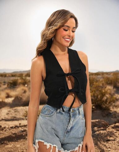Sexy Denim Vest Top For Women Deep V Neck Tie Up Front Sleeveless Jean Vest Tank Top Cropped Corset Top in Saudi Arabia