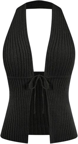 Verdusa Women's Old Money Halter Tops Bow Tie Front Backless Deep V Neck Split Knit Vest Trendy in Saudi Arabia