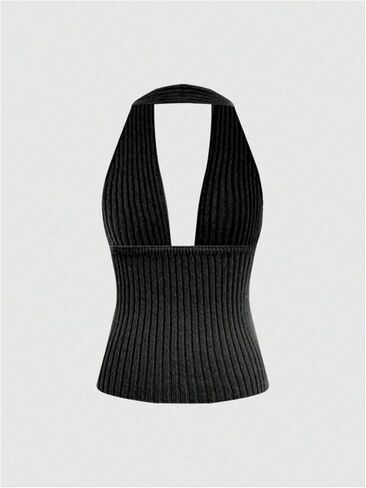Verdusa Women's Old Money Halter Tops Bow Tie Front Backless Deep V Neck Split Knit Vest Trendy in Saudi Arabia