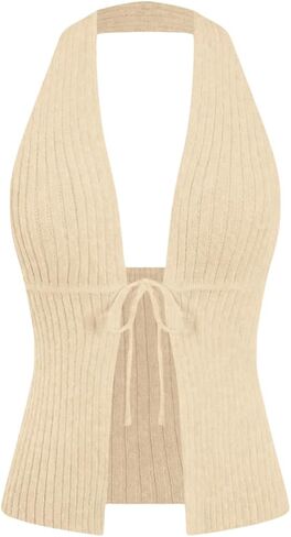 Verdusa Women's Old Money Halter Tops Bow Tie Front Backless Deep V Neck Split Knit Vest Trendy in Saudi Arabia