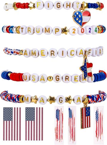 أساور Goldwise 2024 Trump Friendship - 5 قطع، أساور MAGA & FIGHT & USA، ملصقات وشم العلم، بضائع Trump، أساور خرز حمراء وزرقاء ADT001M01 in Kuwait