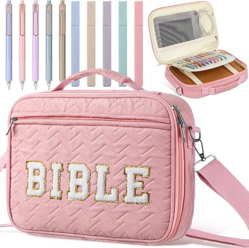 Lincia Quilted Cotton Bible Cover Case for Women Chenille Letter Carrying Book Case Aesthetics Bible Organizer 10 Highlighters and Pens with Detachable Shoulder Strap Church Study Supplies in Saudi Arabia