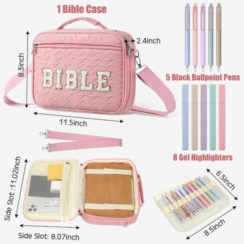 Lincia Quilted Cotton Bible Cover Case for Women Chenille Letter Carrying Book Case Aesthetics Bible Organizer 10 Highlighters and Pens with Detachable Shoulder Strap Church Study Supplies in Saudi Arabia