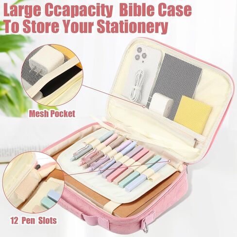 Lincia Quilted Cotton Bible Cover Case for Women Chenille Letter Carrying Book Case Aesthetics Bible Organizer 10 Highlighters and Pens with Detachable Shoulder Strap Church Study Supplies in Saudi Arabia