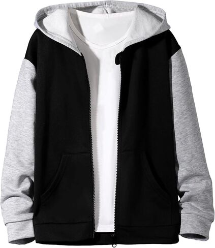 Boy's Color Block Full Zip Up Hoodie Long Sleeve Drop Shoulder Pullover Sweatshirts Tops in Saudi Arabia