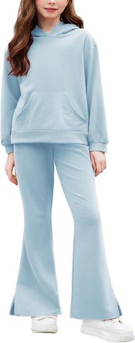 Arshiner Girls 2 Piece Outfits Sweatsuits Sets Kangaroo Pocket Long Sleeve Hooded Sweatshirt with Flare Sweatpants Sets in Kuwait