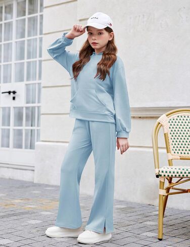 Arshiner Girls 2 Piece Outfits Sweatsuits Sets Kangaroo Pocket Long Sleeve Hooded Sweatshirt with Flare Sweatpants Sets in Kuwait
