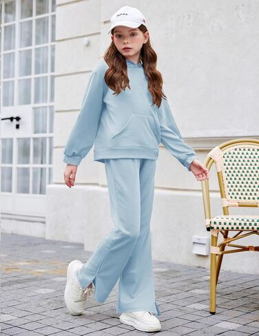 Arshiner Girls 2 Piece Outfits Sweatsuits Sets Kangaroo Pocket Long Sleeve Hooded Sweatshirt with Flare Sweatpants Sets in Kuwait