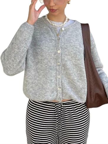 Women's Casual Cardigan Sweater Button Down Crewneck Soft Knit Lightweight Going Out Pullover Tops in Saudi Arabia