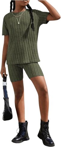 WDIRARA Girl's 2 Piece Texture Stripes Short Sleeve Round Neck Clothing Set with Shorts in Saudi Arabia