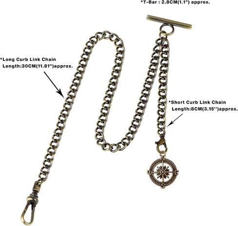 ZTA Albert Chain Pocket Watch Chain Fob Chain with Compass Design Pendant Medal Fob with T Bar Swivel Clasp in Saudi Arabia