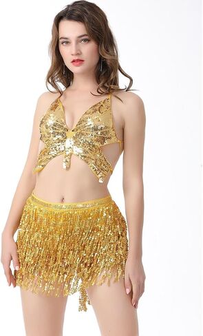 Sparkling tassel belly dance sequin skirt with shoulder straps wrapped around carnival music festival women's clothing in Saudi Arabia