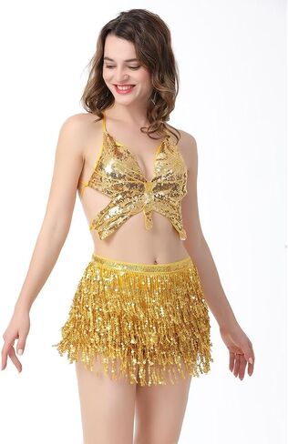 Sparkling tassel belly dance sequin skirt with shoulder straps wrapped around carnival music festival women's clothing in Saudi Arabia