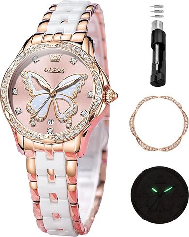 ساعات OLEVS للنساء باللون الذهبي الوردي بلونين موضة الأبيض السيراميك ساعات المعصم للسيدات الوردي/الأحمر الهاتفي الفولاذ المقاوم للصدأ مقاوم للماء التاريخ in Kuwait