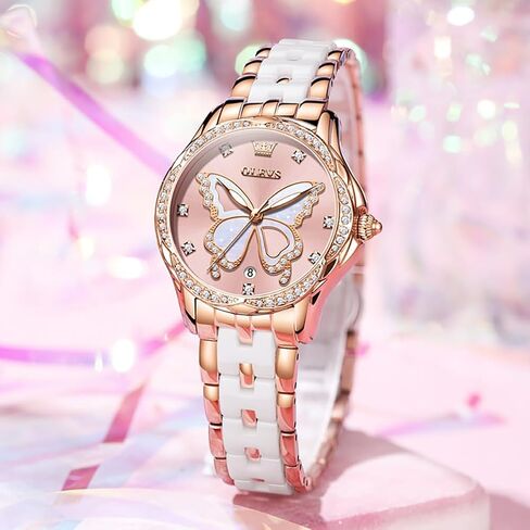 ساعات OLEVS للنساء باللون الذهبي الوردي بلونين موضة الأبيض السيراميك ساعات المعصم للسيدات الوردي/الأحمر الهاتفي الفولاذ المقاوم للصدأ مقاوم للماء التاريخ in Kuwait
