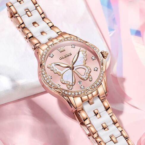 ساعات OLEVS للنساء باللون الذهبي الوردي بلونين موضة الأبيض السيراميك ساعات المعصم للسيدات الوردي/الأحمر الهاتفي الفولاذ المقاوم للصدأ مقاوم للماء التاريخ in Kuwait