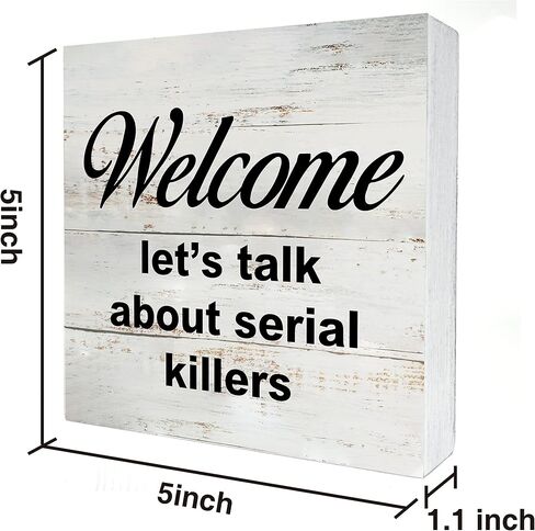 True Crime Gifts Funny Probably Thinking about Food or Serial Killers Wooden Box Sign Desk Decor Rustic Wood Block Plaque Box Sign for Home Office Shelf Table Decoration (5 X 5 Inch) in Saudi Arabia