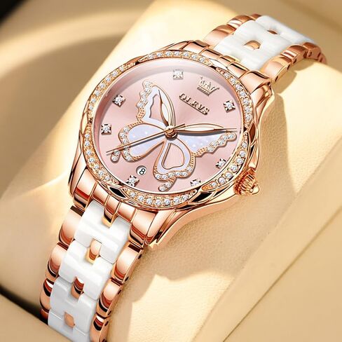 ساعات OLEVS للنساء باللون الذهبي الوردي بلونين موضة الأبيض السيراميك ساعات المعصم للسيدات الوردي/الأحمر الهاتفي الفولاذ المقاوم للصدأ مقاوم للماء التاريخ in Kuwait
