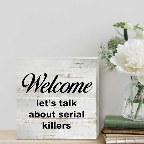 True Crime Gifts Funny Probably Thinking about Food or Serial Killers Wooden Box Sign Desk Decor Rustic Wood Block Plaque Box Sign for Home Office Shelf Table Decoration (5 X 5 Inch) in Saudi Arabia