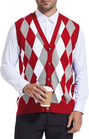 Beotyshow Mens Argyle Sweater Vests V Neck Sleeveless Cardigan Vest Knitwear in Saudi Arabia