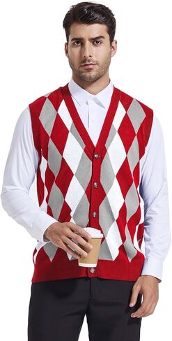 Beotyshow Mens Argyle Sweater Vests V Neck Sleeveless Cardigan Vest Knitwear in Saudi Arabia