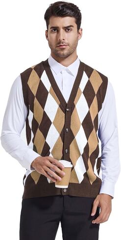 Beotyshow Mens Argyle Sweater Vests V Neck Sleeveless Cardigan Vest Knitwear in Saudi Arabia