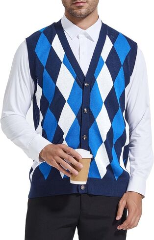 Beotyshow Mens Argyle Sweater Vests V Neck Sleeveless Cardigan Vest Knitwear in Kuwait