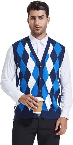 Beotyshow Mens Argyle Sweater Vests V Neck Sleeveless Cardigan Vest Knitwear in Kuwait