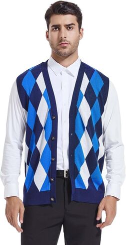 Beotyshow Mens Argyle Sweater Vests V Neck Sleeveless Cardigan Vest Knitwear in Kuwait